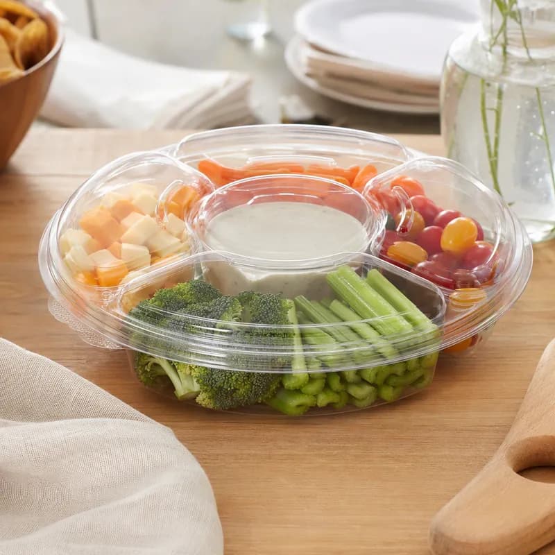 Essentials Deli Container Base & Lid Combo With Dome Lid 96 OZ 5 Compartment RPET Clear Round 50/Case
