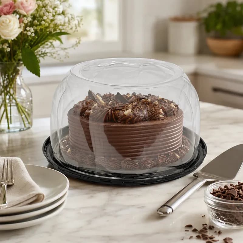Cake Container & Lid Combo With Dome Lid 11.25X4.5 IN PET Black Clear Swirl 50/Case