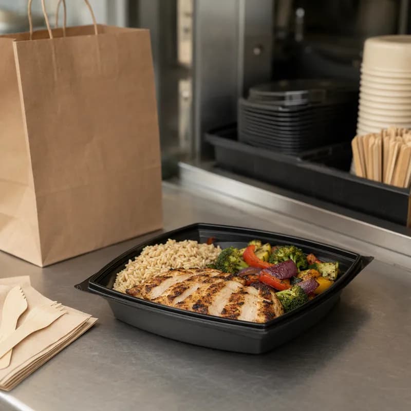 The BOTTLEBOX ® Take-Out Container Base 9X9X1.6 IN PP Black Square 400/Case