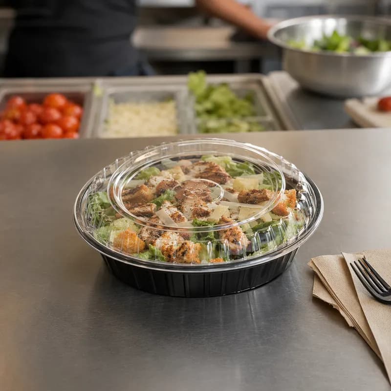 Take-Out Container Base & Lid Combo With Dome Lid 24 OZ Plastic Black Round Shallow 150/Case