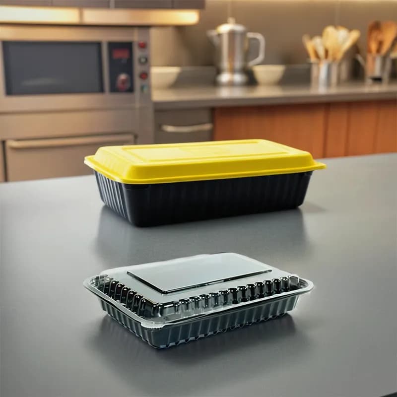 Take-Out Container Base & Lid Combo With Dome Lid 28 OZ Plastic Black Oblong 150/Case