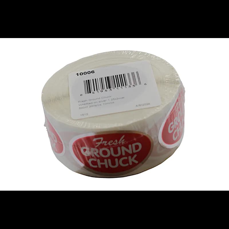 Fresh Ground Chuck Meat Label 1.25X2 IN Silver White Red Oval 500 Count/Roll 20 Rolls/Case 10000 Count/Case