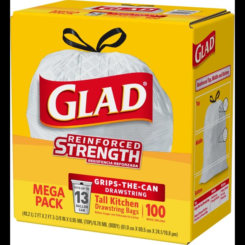 Glad® Kitchen Bag 13 GAL White Plastic With Drawstring Closure Tall 100 Count/Pack 4 Packs/Case 400 Count/Case
