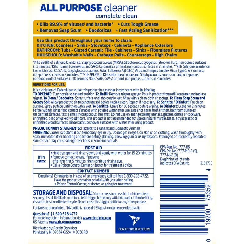 Lysol® Lemon All Purpose Cleaner Disinfectant 32 FLOZ Multi Surface Liquid Quaternary Ammonium 12/Case