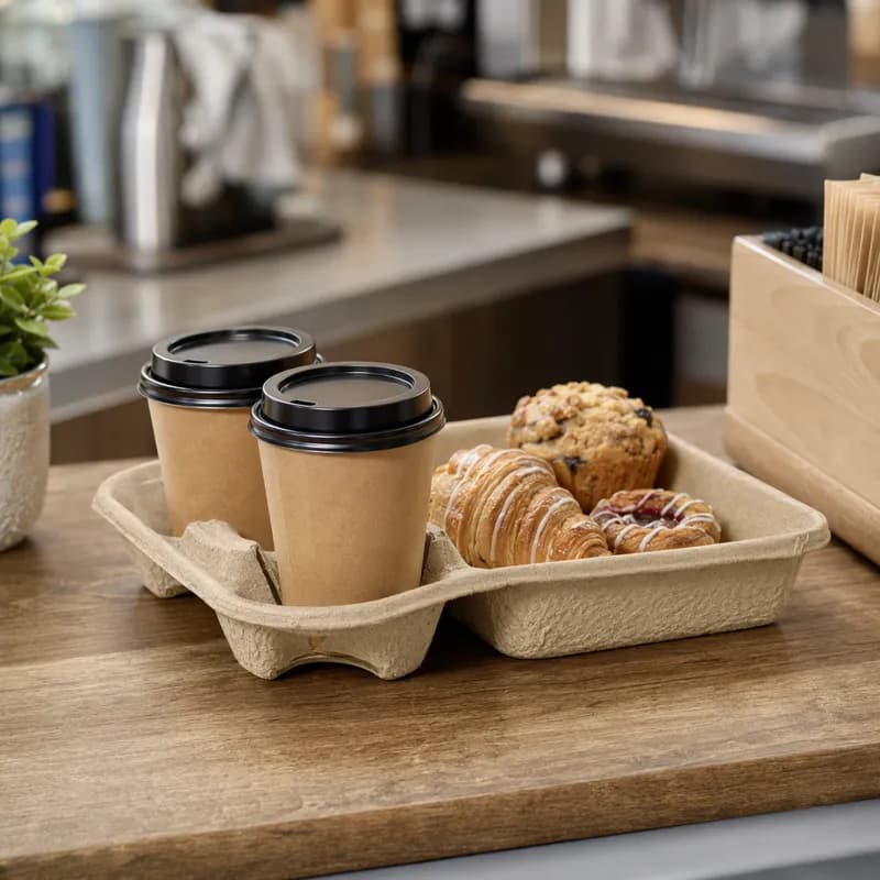 StrongHolder® Cup Carrier & Tray 9.75X8.375 IN 2 Compartment Molded Fiber Kraft For 8-22 OZ Without Handle 400/Case