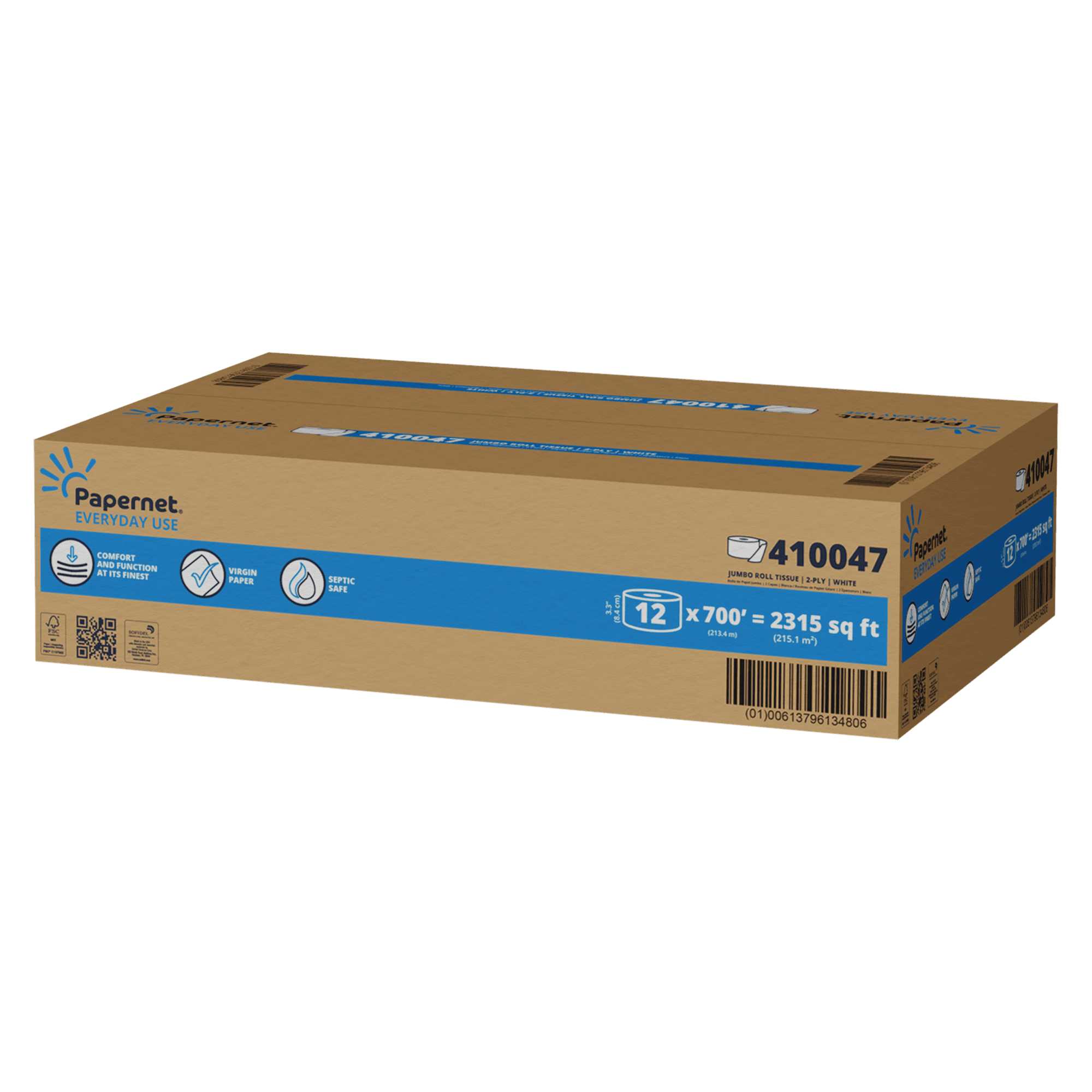 Papernet Everyday Use Toilet Paper & Tissue Roll 9IN X700FT 2PLY White Embossed Jumbo (JRT) 12 Rolls/Case