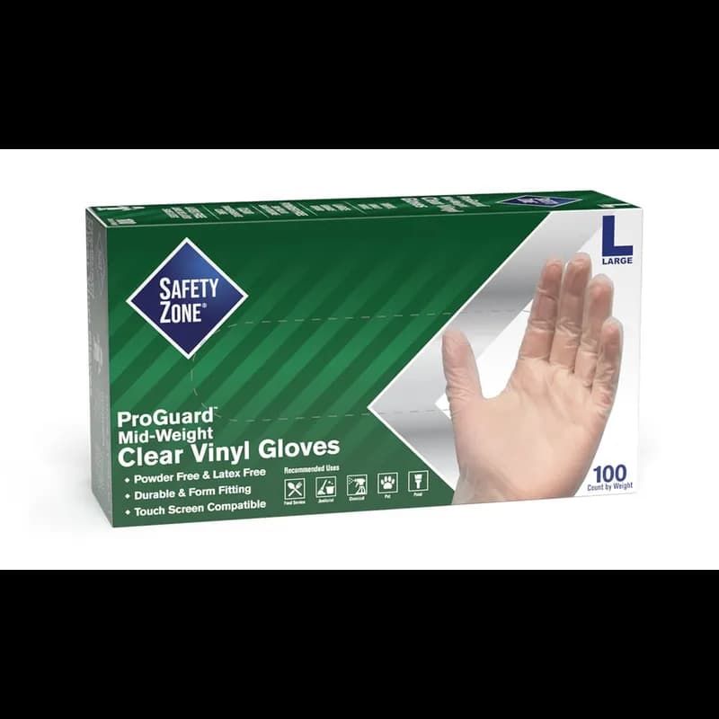 Safety Zone® Gloves Large (LG) Clear Vinyl Powder-Free 100/Box