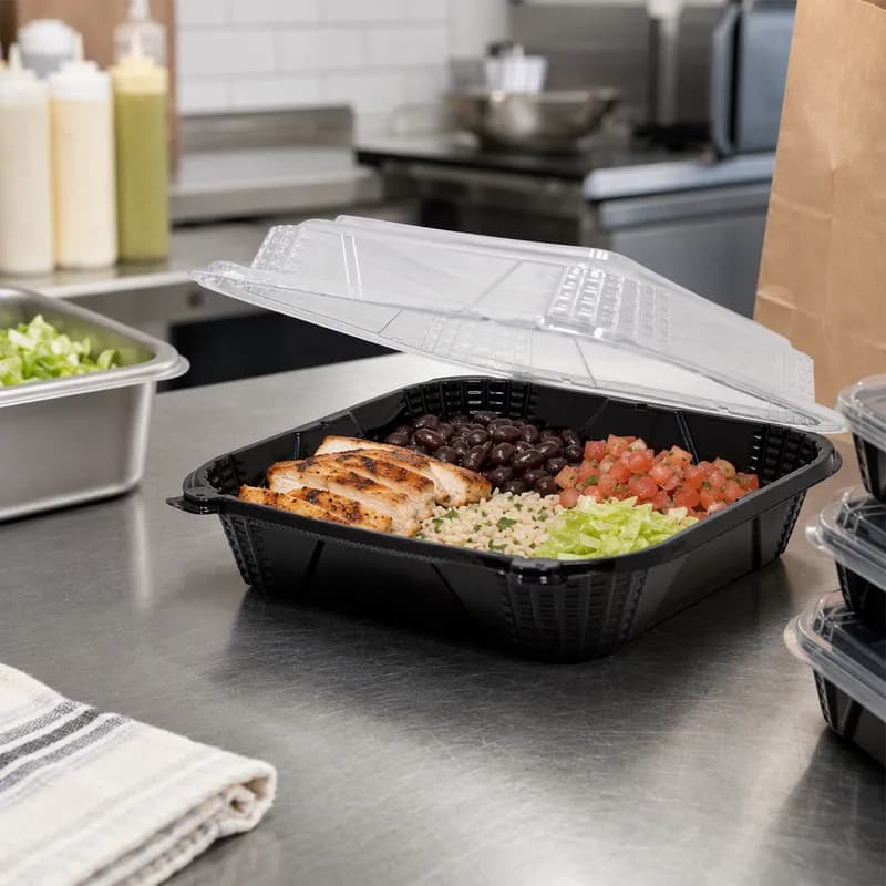 ProView Take-Out Container Hinged With Dome Lid 9X9X3 IN PP Black Clear Square 150/Case