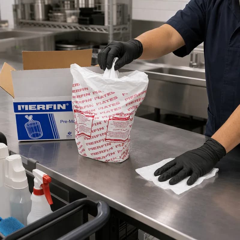 Merfin® Cleaning Wipe Airlaid Paper White Pre-Moistened Center-Pull Roll 450 Sheets/Roll 2 Rolls/Case