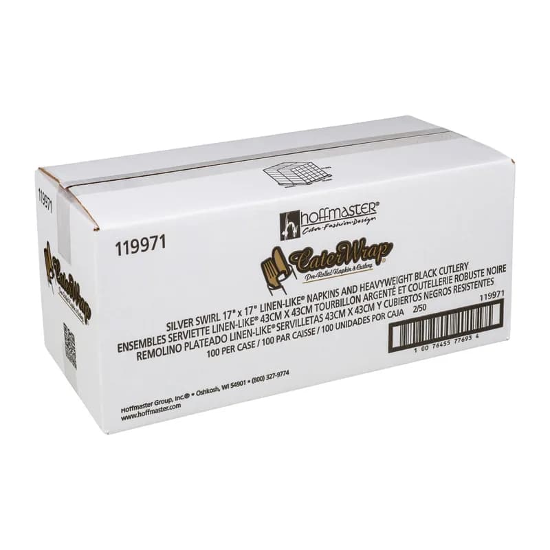 CaterWrap® Linen-Like® 4PC Cutlery Kit Black Pre-Rolled With White 8X8.5 Napkin,Fork,Knife,Spoon 100/Case