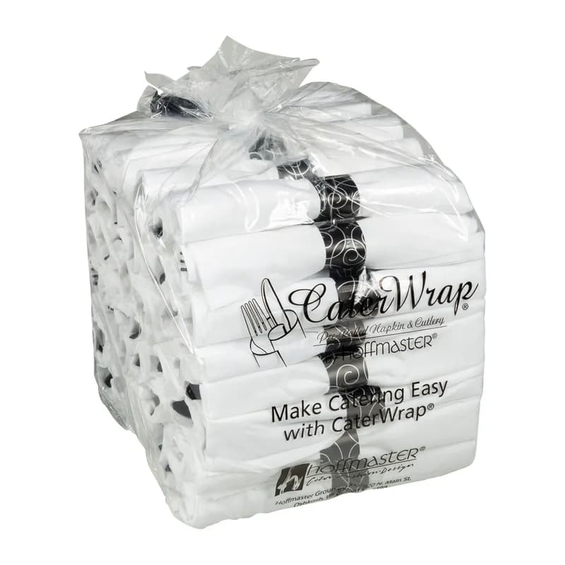 CaterWrap® Linen-Like® 4PC Cutlery Kit Black Pre-Rolled With White 8X8.5 Napkin,Fork,Knife,Spoon 100/Case