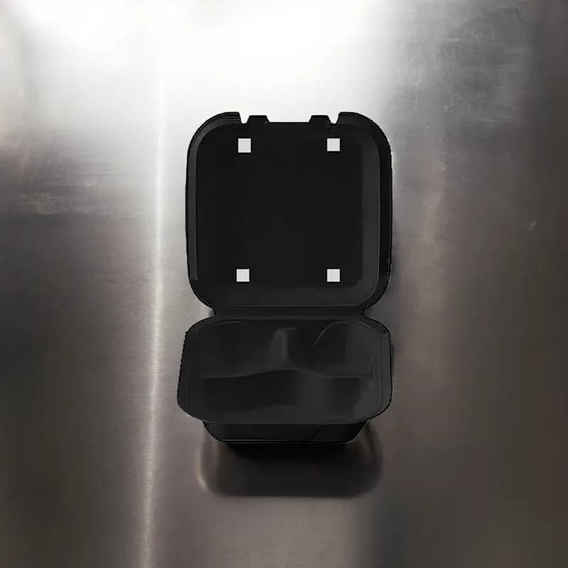 Take-Out Container Hinged With Dome Lid 8.4X8.4X2.8 IN Polystyrene Foam Black Square 200/Case