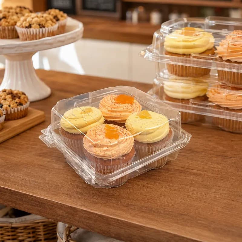 Cupcake Muffin Hinged Container With Dome Lid 9.5X4.63X3.25 IN 4 Compartment RPET Clear 350/Case