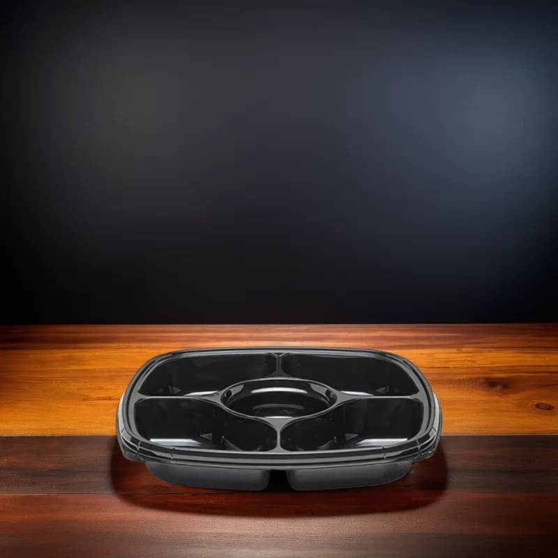 Fresh 'n Clear® Serving Tray Base 14.5X14.5X2.18 IN 5 Compartment PET Black Square 50/Case