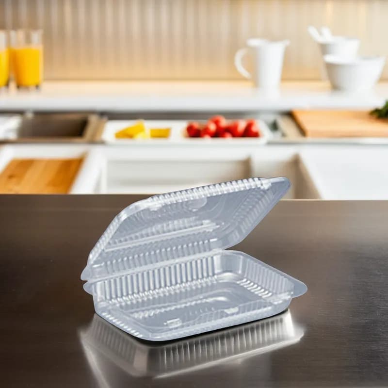 Essentials Take-Out Container Hinged With Dome Lid 9.375X6.75X1.8125 IN RPET Clear Rectangle Shallow 300/Case