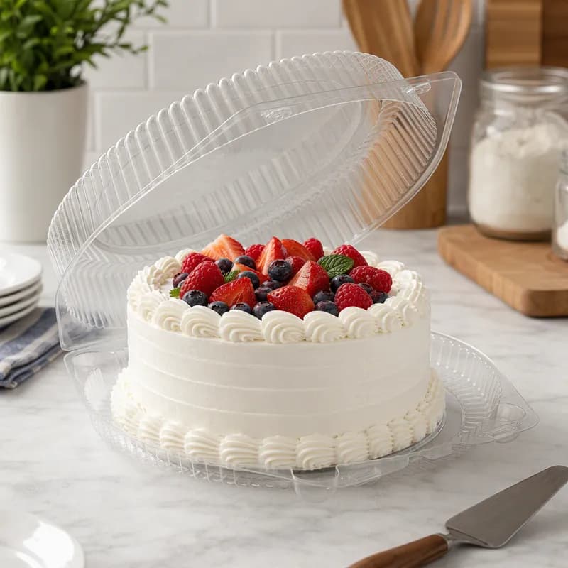 Essentials SureLock Cake Hinged Container With Dome Lid 10X10.3125X2.3125 IN RPET Clear Round 200/Case
