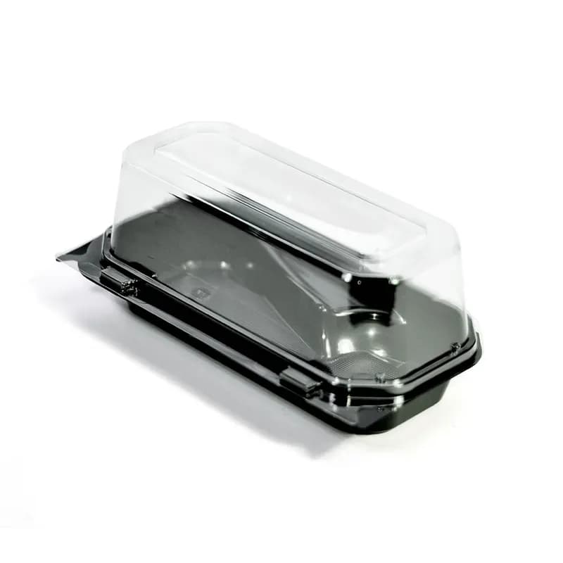 The BOTTLEBOX ® Cake Slice Cheesecake Container & Lid Combo 16-32 OZ 8.76X4.8X3.68 IN PET Clear Black Rectangle 600/Case