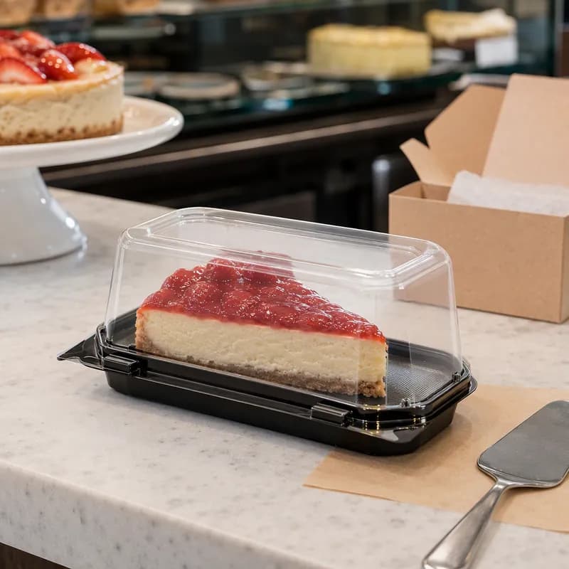 The BOTTLEBOX ® Cake Slice Cheesecake Container & Lid Combo 16-32 OZ 8.76X4.8X3.68 IN PET Clear Black Rectangle 600/Case