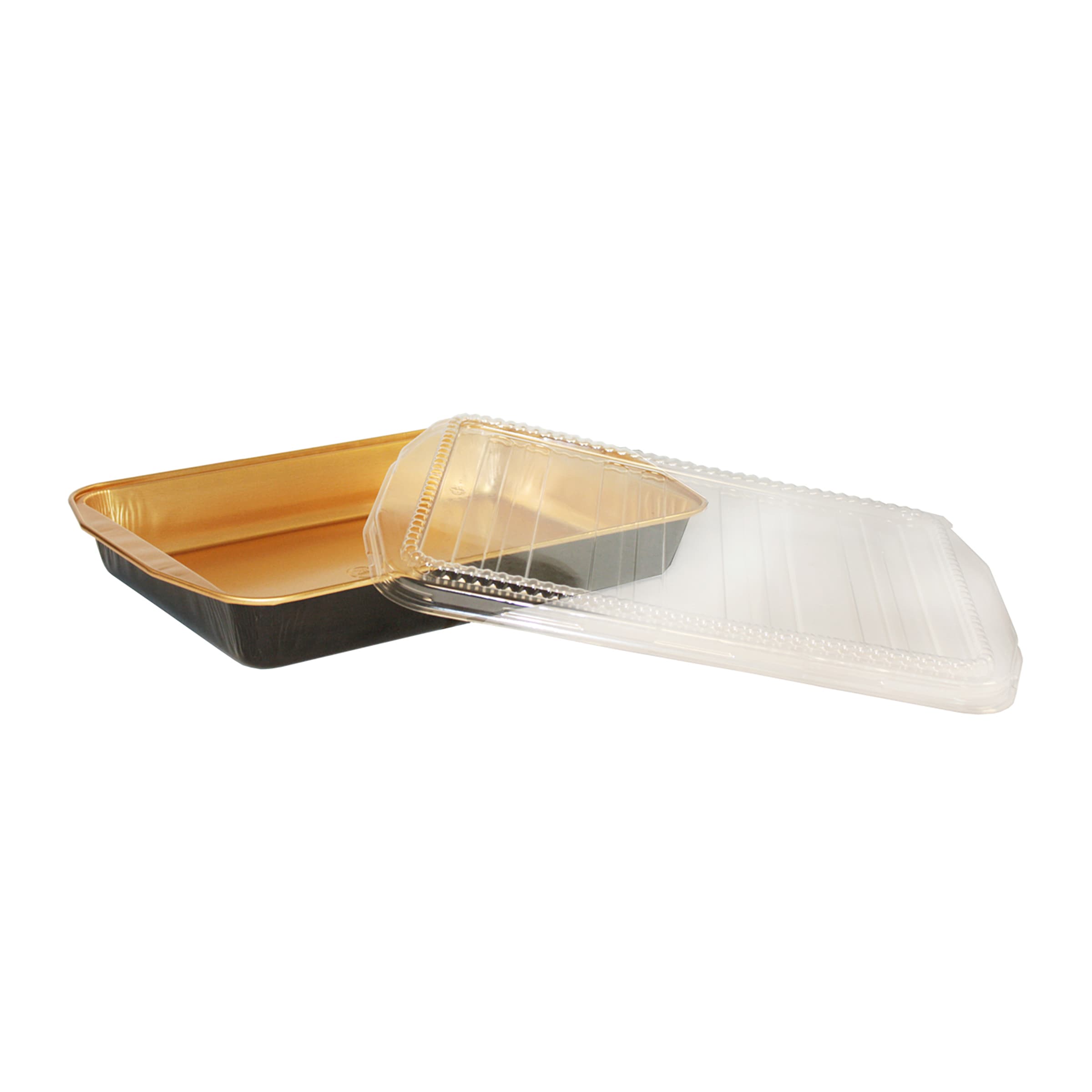 Take-Out Container Base & Lid Combo With Plastic Dome Lid 116 OZ Aluminum Black Gold Rectangle 25/Case