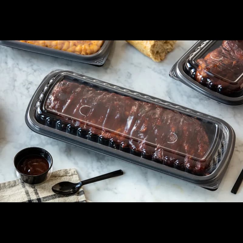 Full Slab Rib Take-Out Container Base & Lid Combo With Dome Lid 41.9 OZ MFPP OPS Black Clear Rectangle Anti-Fog 80/Case