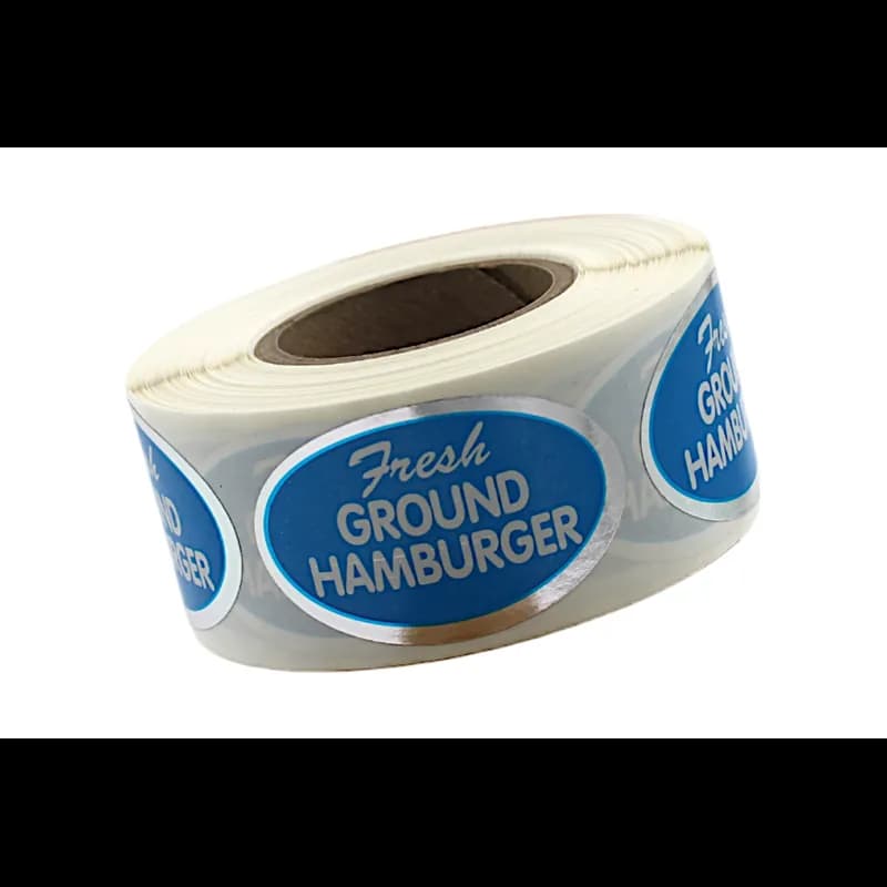 Fresh Ground Hamburger Meat Label 1.25X2 IN Silver White Blue Oval 500 Count/Roll 20 Rolls/Case 10000 Count/Case