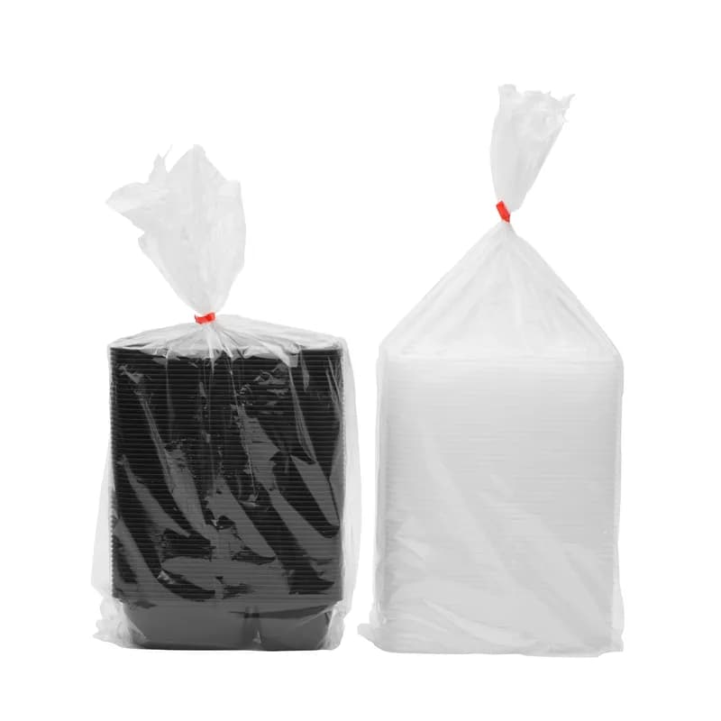 Take-Out Container Base & Lid Combo With Dome Lid 28 OZ 2 Compartment Plastic Black Clear Rectangle 150/Case
