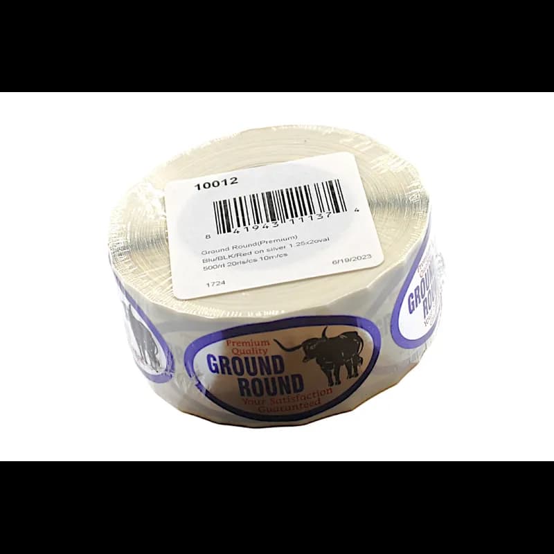 Premium Quality Ground Round Meat Label 1.25X2 IN Silver Blue Black Red Oval 500 Count/Roll 20 Rolls/Case