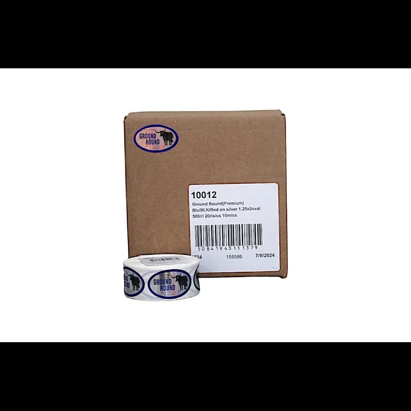 Premium Quality Ground Round Meat Label 1.25X2 IN Silver Blue Black Red Oval 500 Count/Roll 20 Rolls/Case