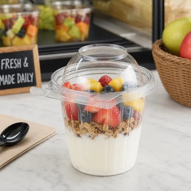 Safe-T-Fresh® Deli Container Hinged With Dome Lid 12 OZ RPET Clear Round 256/Case