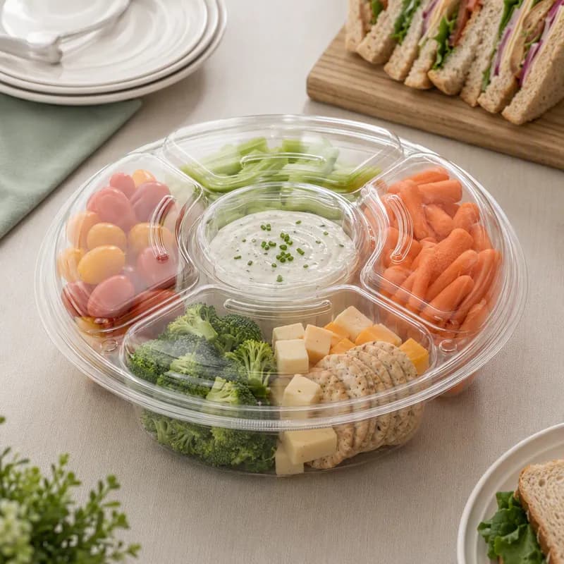 Essentials Deli Container Base & Lid Combo With Dome Lid 115 OZ 5 Compartment RPET Clear Round 50/Case