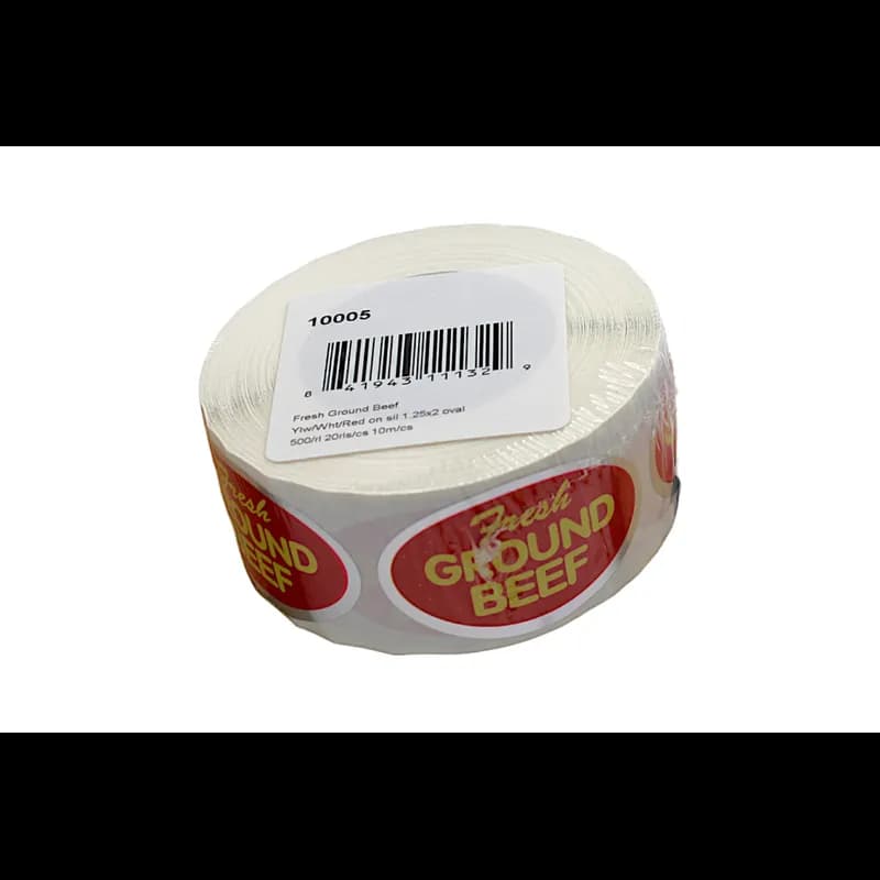 Fresh Ground Beef Meat Label 1.25X2 IN Silver Yellow White Red Oval 500 Count/Roll 20 Rolls/Case 10000 Count/Case