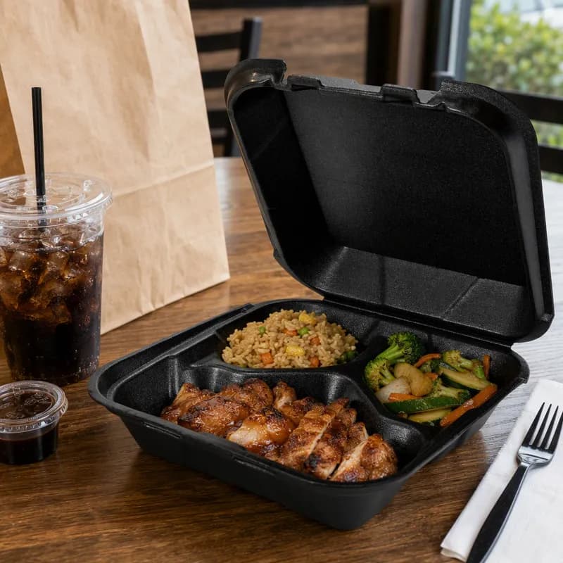 Take-Out Container Hinged Medium (MED) 8.25X8X3 IN 3 Compartment Polystyrene Foam Black Vented 200/Case