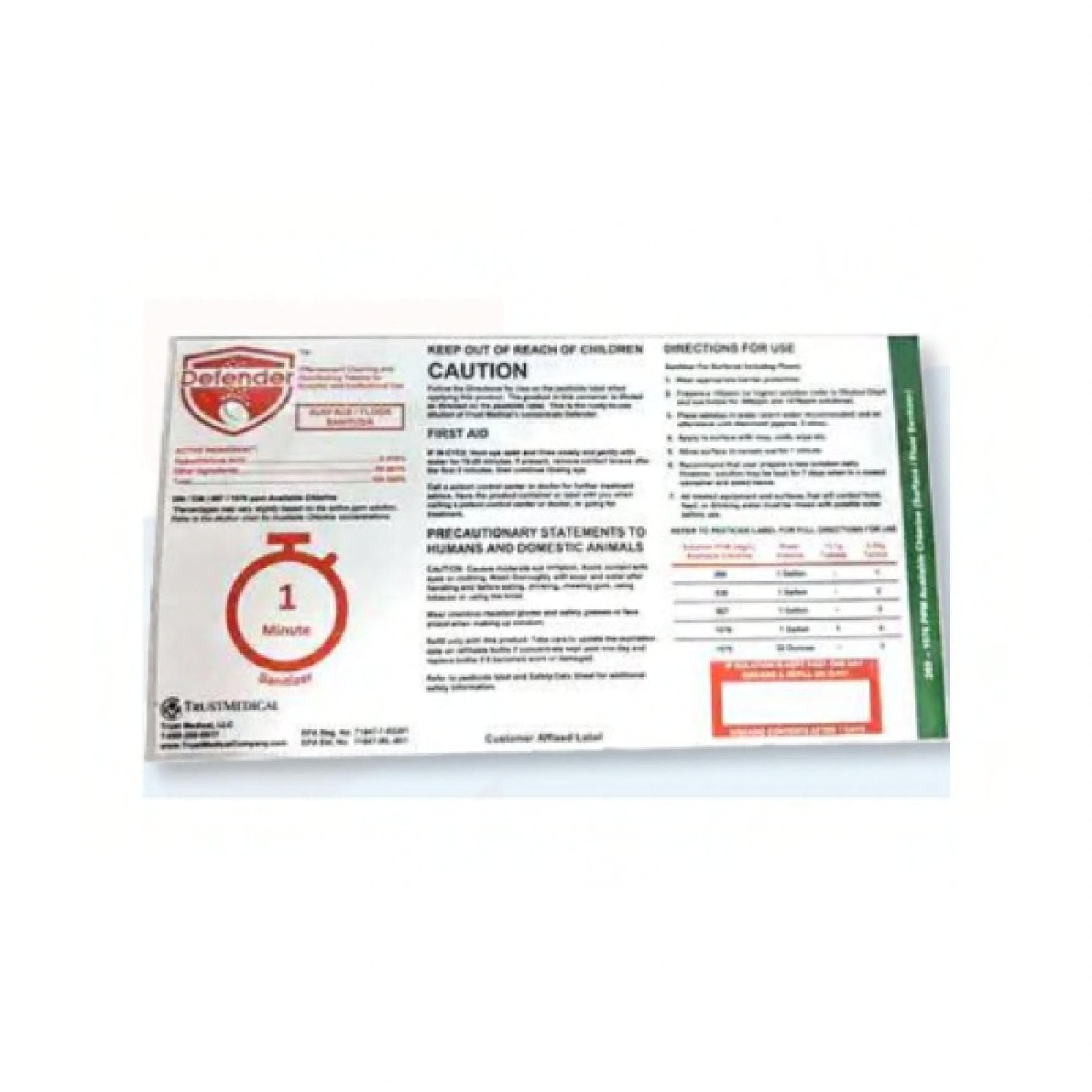 Defender® Floor & Surface Sanitizer Product Label Thermal Transfer 25/Pack