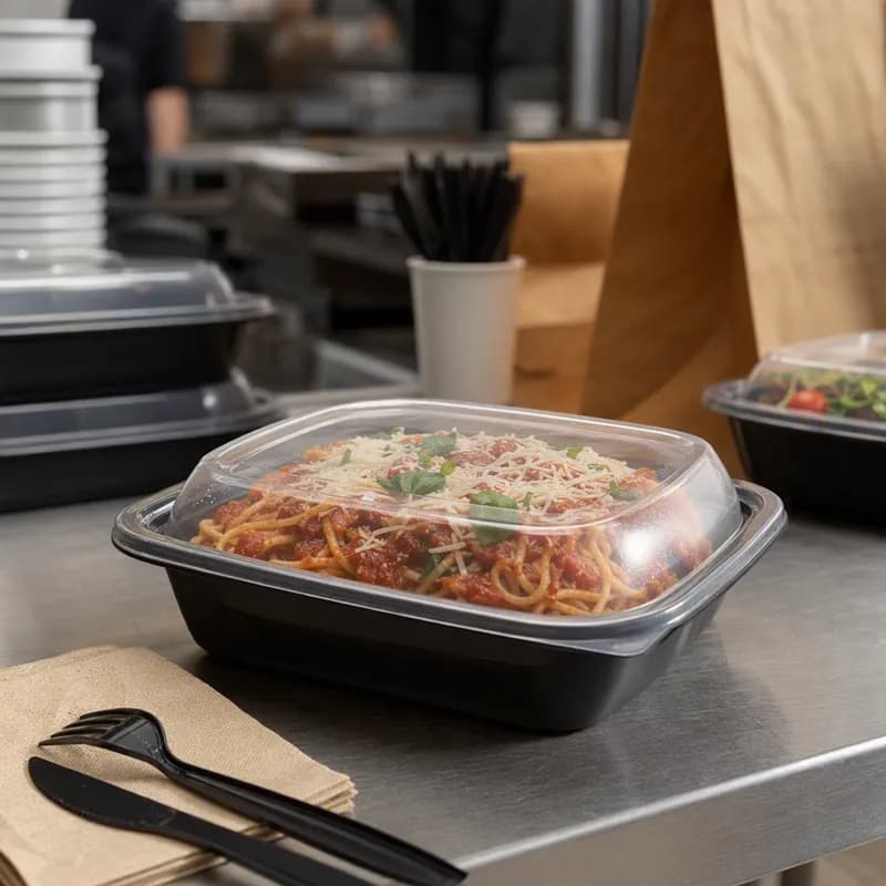 MicroRaves® Take-Out Container Base & Lid Combo With Dome Lid 16 OZ PP Black Clear Rectangle 201/Case