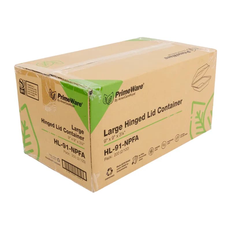 Take-Out Container Hinged Large (LG) 9X9X3.19 IN Molded Fiber Natural Square 100 Count/Pack 2 Packs/Case 200 Count/Case