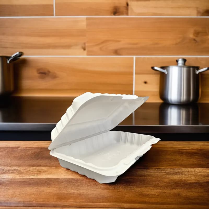 Pebble Box Take-Out Container Hinged 7.88X8X2.5 IN 3 Compartment Plastic Ivory Square Shallow 150/Case