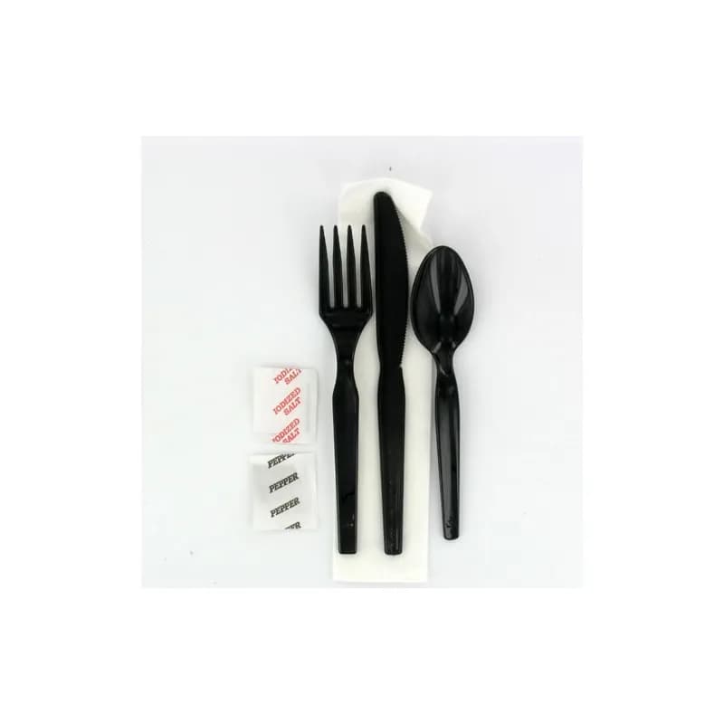 WNA 6PC Cutlery Kit PS Black With 1PLY 15X13.5 Napkin,Fork,Knife,Spoon,Salt & Pepper 250/Case