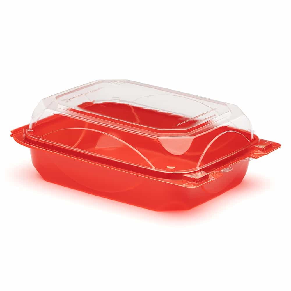 The BOTTLEBOX ® Take-Out Container Hinged With Dome Lid 8.6X6.6X2.8 IN RPET Red Clear Rectangle Long 250/Case