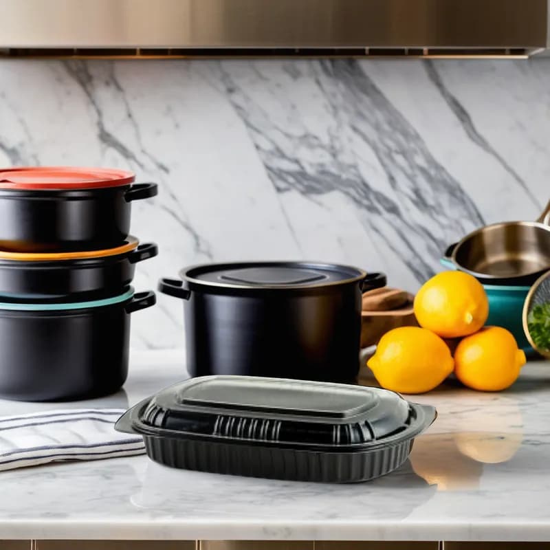 Take-Out Container Base & Lid Combo 32 OZ 10X7 IN PET Black Clear Microwavable-Base Only Anti-Fog 125/Case