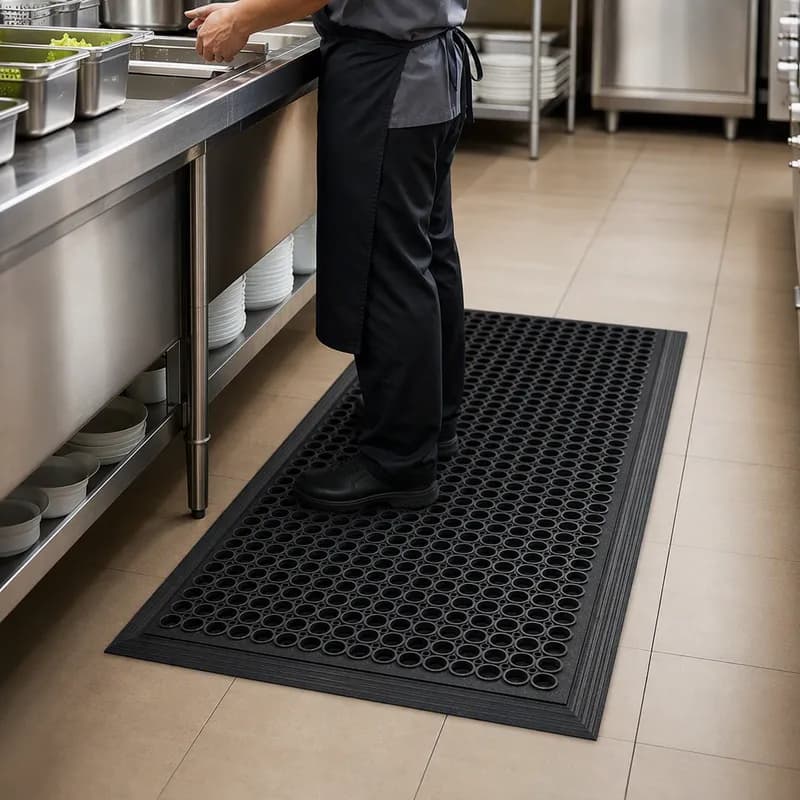 Light Cuisine Anti-Fatigue Floor Mat 60X36 IN Black Rubber With Beveled Edging Free Flow Anti-Slip 1/Each