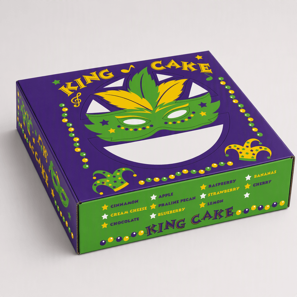 King Cake Box 10X10X2.5 IN Paperboard Mardi Gras Square 100/Case