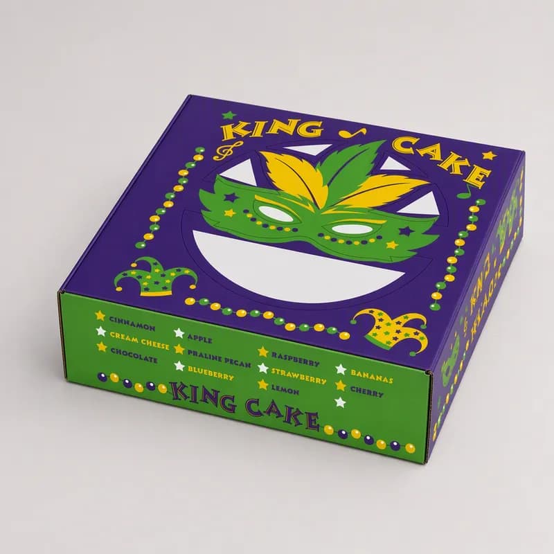 King Cake Box 10X10X2.5 IN Paperboard Mardi Gras Square 100/Case