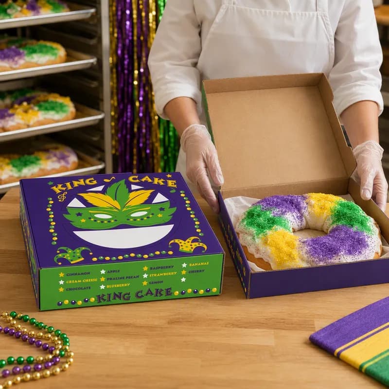 King Cake Box 10X10X2.5 IN Paperboard Mardi Gras Square 100/Case