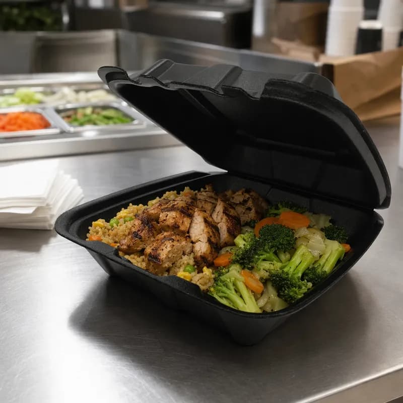 Regal Take-Out Container Hinged 9.5X9.25X3.75 IN Polystyrene Foam Black Square Vented Grease Resistant 200/Case