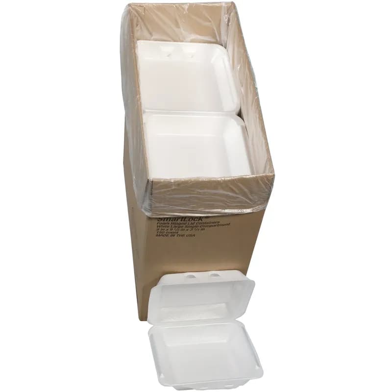 Take-Out Container Hinged With Dome Lid 9X9.1X3.3 IN Polystyrene Foam White Square 150/Case