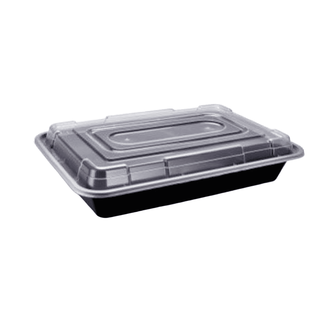 Take-Out Container Base & Lid Combo 56 OZ Plastic Black Clear Rectangle Reusable 150/Case