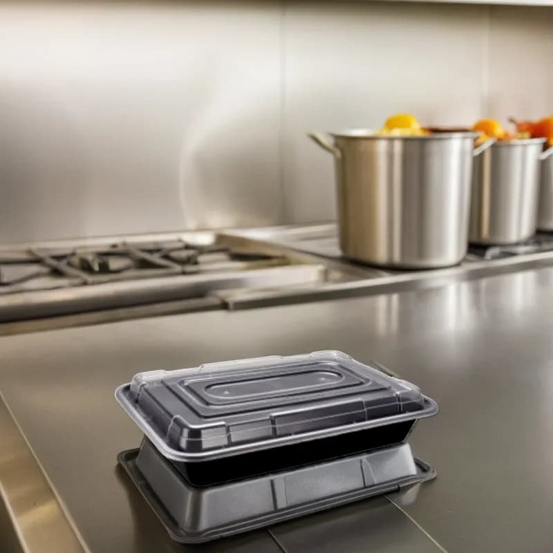 Take-Out Container Base & Lid Combo 56 OZ Plastic Black Clear Rectangle Reusable 150/Case