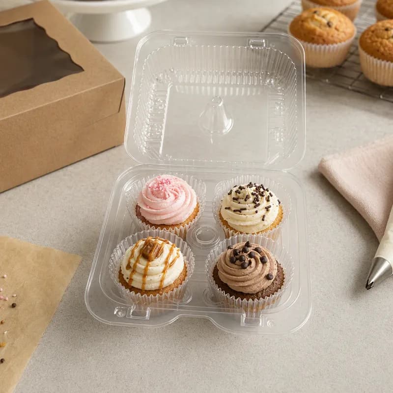 Cupcake Muffin Hinged Container With Dome Lid 6.75X6.75X2.75 IN 4 Compartment OPS Clear Square 250/Case