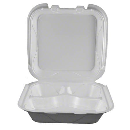 resq® SelloPlus® Take-Out Container Hinged With Dome Lid 8X7.5X2.25 IN 3 Compartment Polystyrene Foam White 200/Case