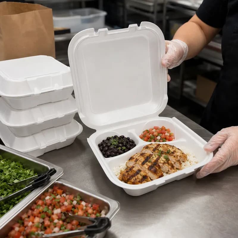 resq® SelloPlus® Take-Out Container Hinged With Dome Lid 8X7.5X2.25 IN 3 Compartment Polystyrene Foam White 200/Case